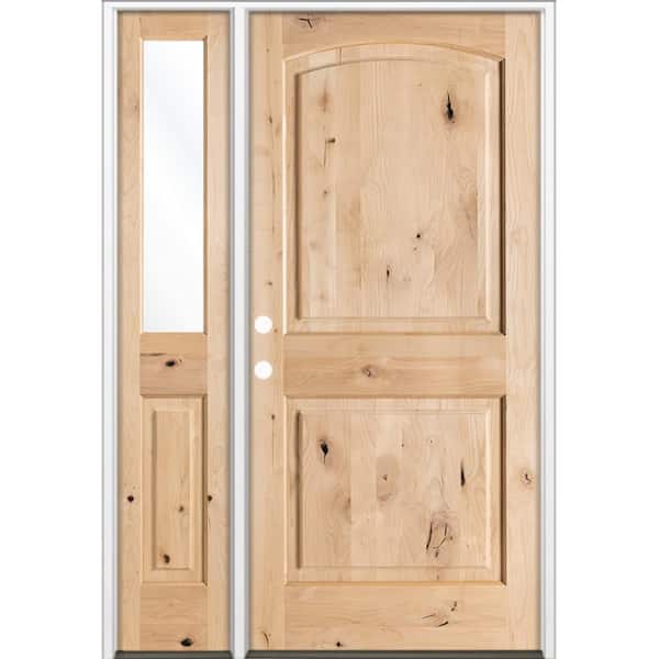 44 in. x 80 in. Knotty Alder 2 Panel Arch-Top Right-Hand/Inswing Clear Glass Unfinished Wood Prehung Front Door LHSL