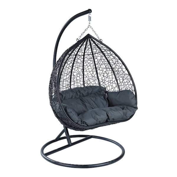 Leisuremod Hanging Metal Porch Swing Chair in Black Stainless Steel Frame with Cushions Recluse Collection in Dark Grey