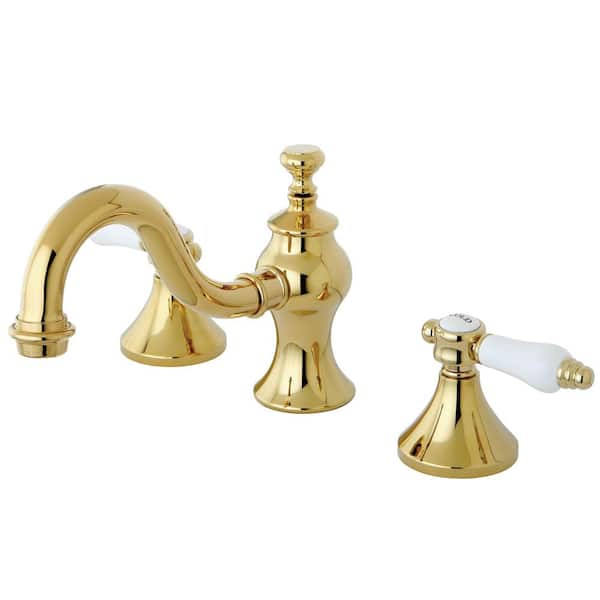 Country Lever 8 in. Widespread 2-Handle High-Arc Bathroom Faucet in Polished Brass