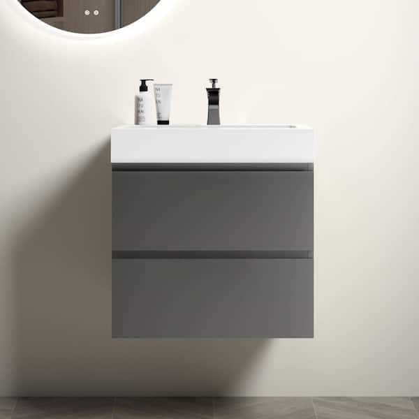 null NOBLE 24 in. W x 18 in. D x 25 in. H Single Sink Floating Bath Vanity in Gray with White Solid Surface Top (No Faucet)