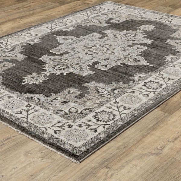 Channing Gray/Beige 5 ft. x 8 ft. Distressed Oriental Medallion Polyester Fringe Edge Indoor Area Rug