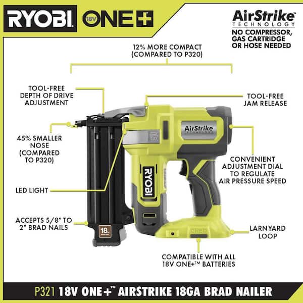 RYOBI ONE+ 18V 18-Gauge Cordless AirStrike Brad Nailer with Cordless Corner Cat Finish Sander