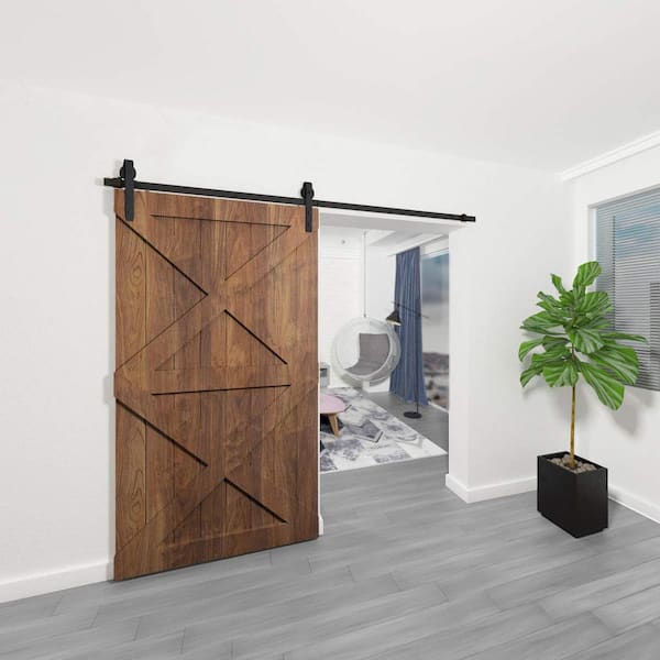 9 ft./108 in. Black Bent Strap Sliding Barn Door Track and Hardware Kit for Single Door with Floor Guide