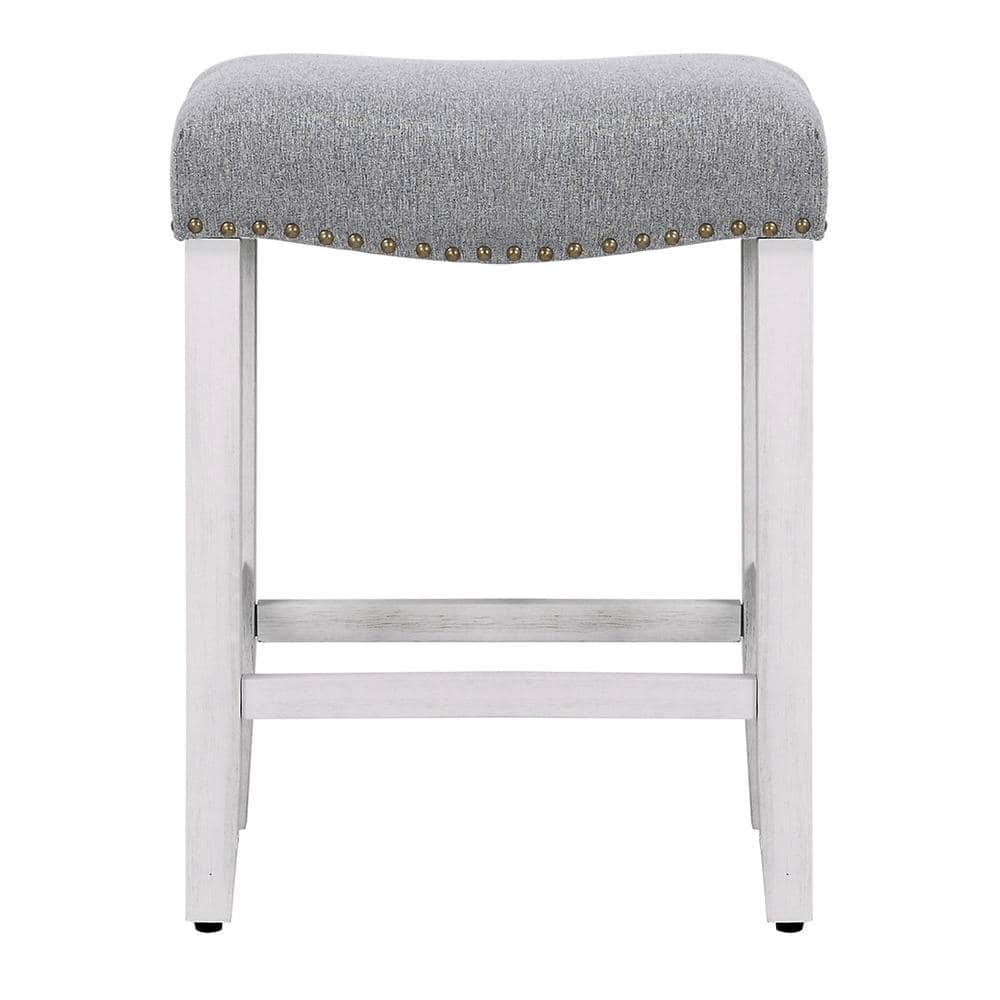 Antique White & Gray 24" Upholstered Saddle Bar Stool with Nailhead Trim