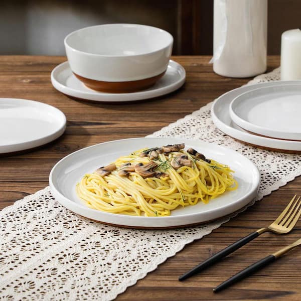 MALACASA 18-Piece White and Khaki Stoneware Dinnerware Set Service