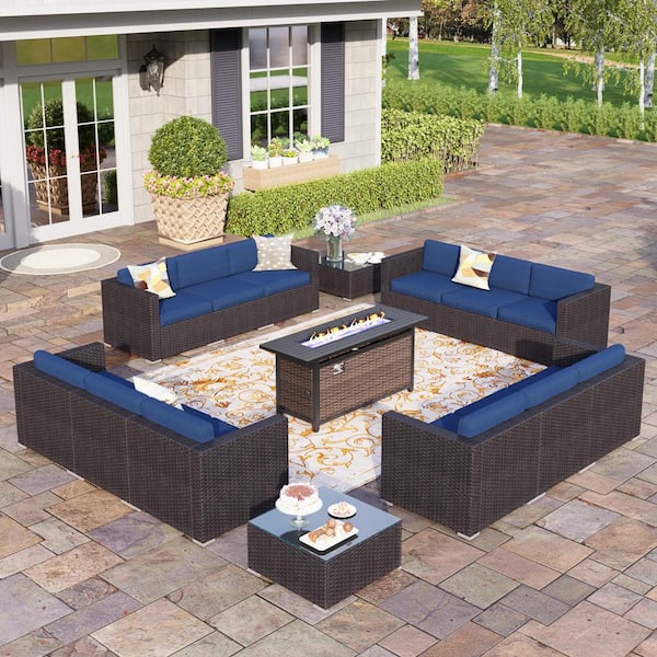 PHI VILLA Dark Brown Rattan 15-Piece Steel Outdoor Fire Pit Patio Set with Blue Cushions, Rectangular Fire Pit Table, Coffee Table