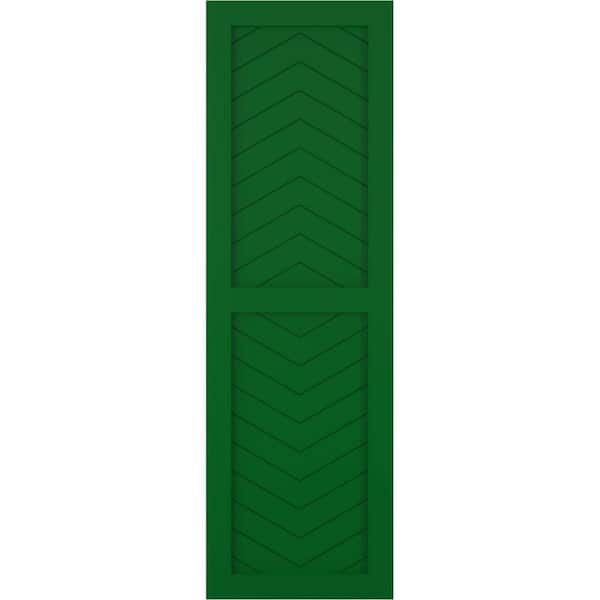 Ekena Millwork 12 in. x 30 in. Flat Panel True Fit PVC Two Panel Chevron Modern Style Fixed Mount Shutters Pair in Viridian Green
