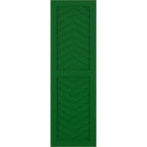 15 in. x 42 in. PVC True Fit Two Panel Chevron Modern Style Fixed Mount Flat Panel Shutters Pair in Viridian Green