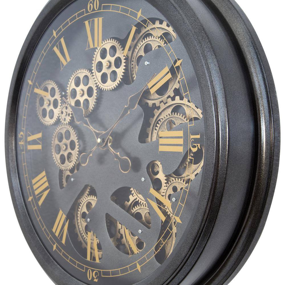 Black and Gold Metal Open Gear Wall Clock