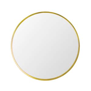 28 in. W x 28 in. H Round Glass Framed Wall Mounted Hanging Bathroom Vanity Mirror in Brushed Gold