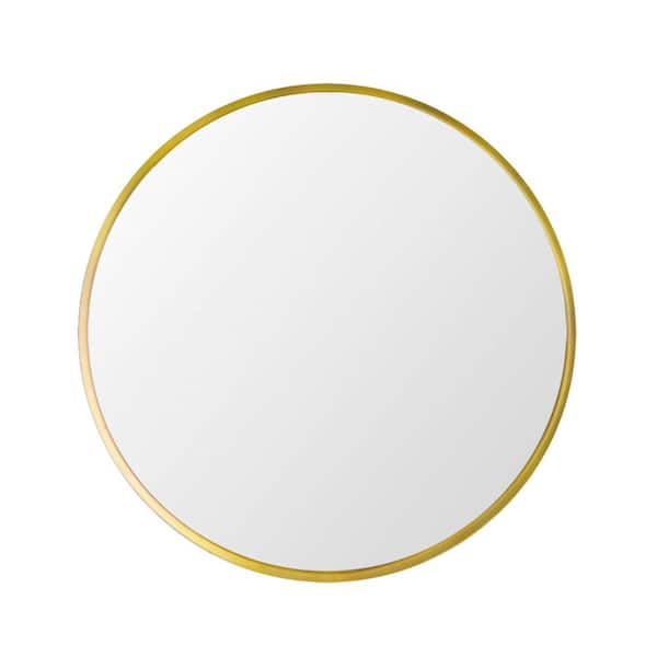 JimsMaison 28 in. W x 28 in. H Round Glass Framed Wall Mounted Hanging Bathroom Vanity Mirror in Brushed Gold