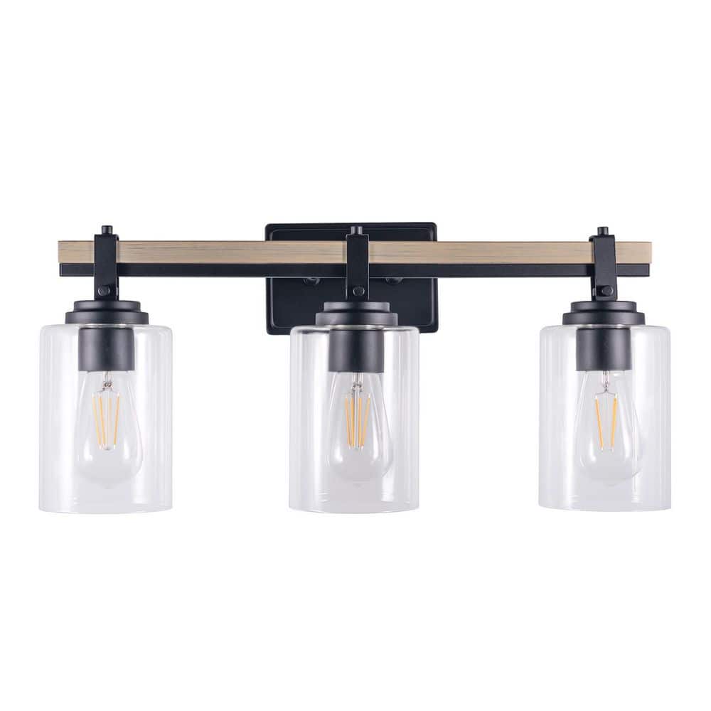 3-Light Matte Black Vanity Light with Clear Glass Shade