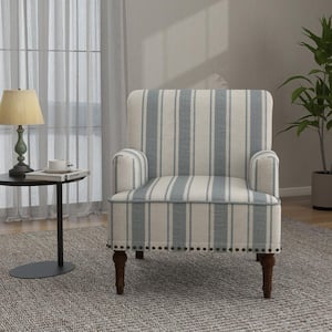 Modern Blue Striped Linen Fabric Upholstered Accent Armchair With Wooden Legs (Set of 1)