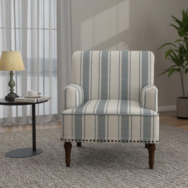 Uixe Modern Blue Striped Linen Fabric Upholstered Accent Armchair With Wooden Legs (Set of 1)