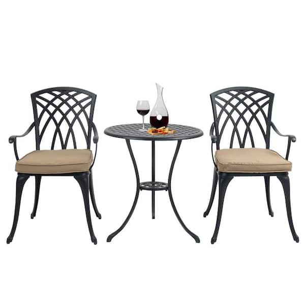 Unbranded Black 3-Piece Aluminum Patio Outdoor Bistro Table Set with Cushions and Umbrella Hole, for Balcony