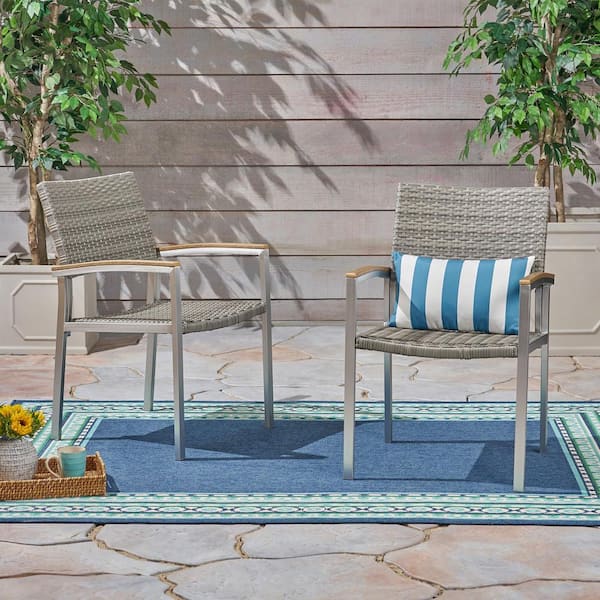 Noble House Legacy Silver Stationary Faux Rattan Outdoor Patio Dining Chair (2-Pack)
