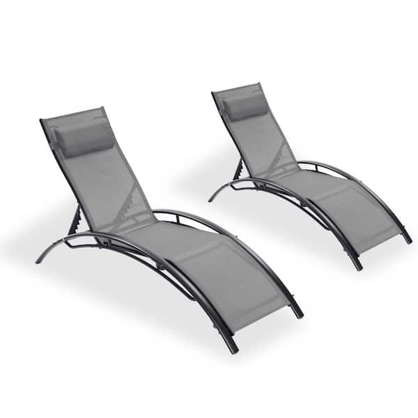 Zeus & Ruta 61.8 in. Outdoor Lounge Chair Lounger Recliner Chair for Patio Lawn Beach Pool Side Sunbathing in Gray Set of 2