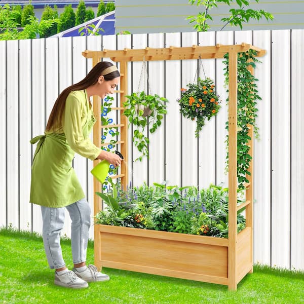 Raised Garden Bed with Trellis Freestanding Wood Planter Box with Hanging Roof and Drainage Holes Flat-Top
