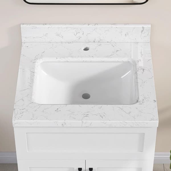 Kar 24 in. W x 22 in. D Engineered Stone Marble Rectangular Single Sink Bath Vanity Top with Backsplash in Carrara White