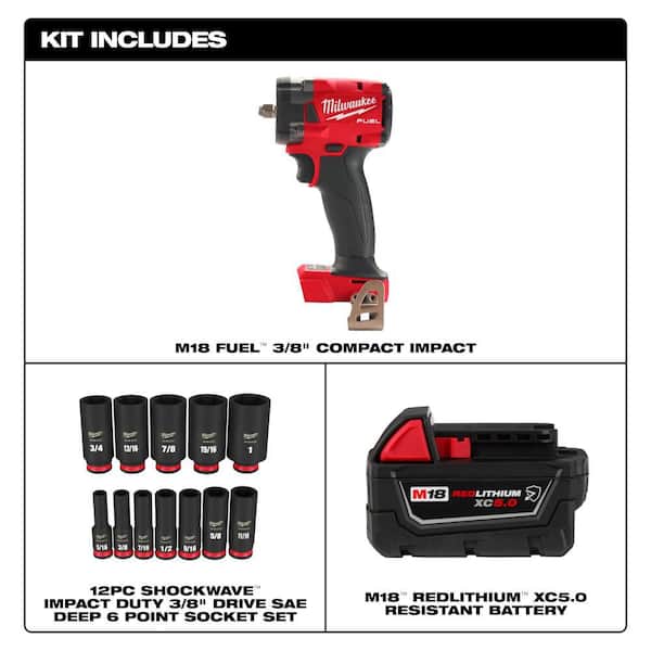 M18 FUEL GEN-3 18V 3/8 in. Impact Wrench w/5.0Ah Battery & SHOCKWAVE Socket Set (12-Pc)