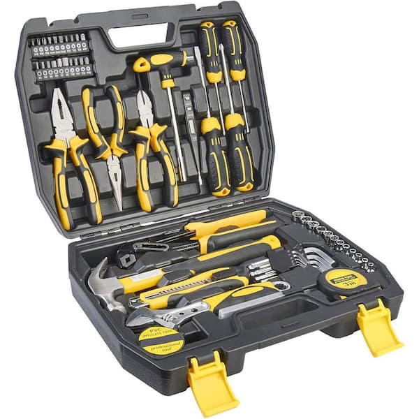 62-Piece Homeowner Hand Tool Set with Wrench Pliers Screwdriver Hex Keys Hammer Sockets Repair Kit Portable Case