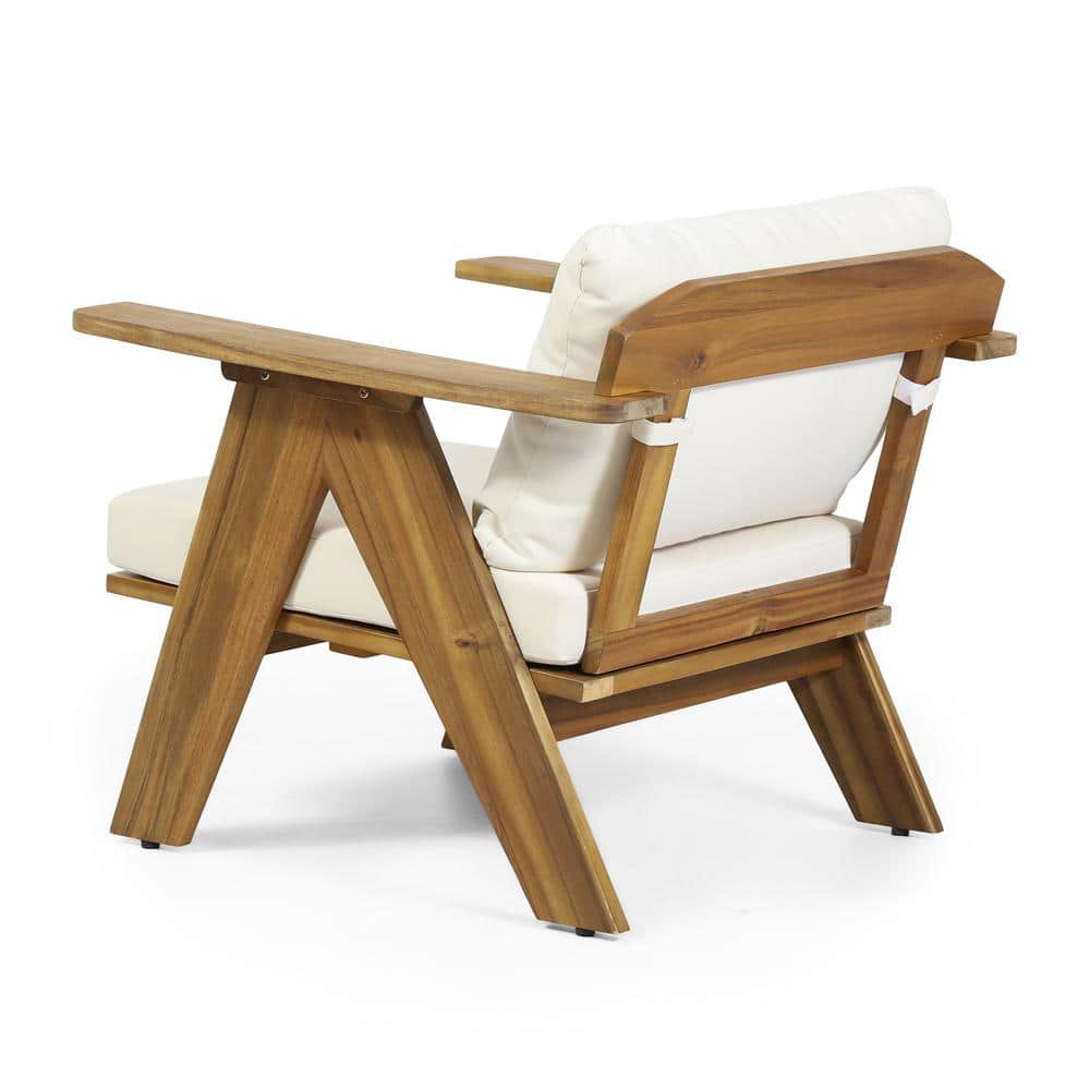 Teak and Beige Acacia Wood Outdoor Club Chairs with Cushions, Set of 2