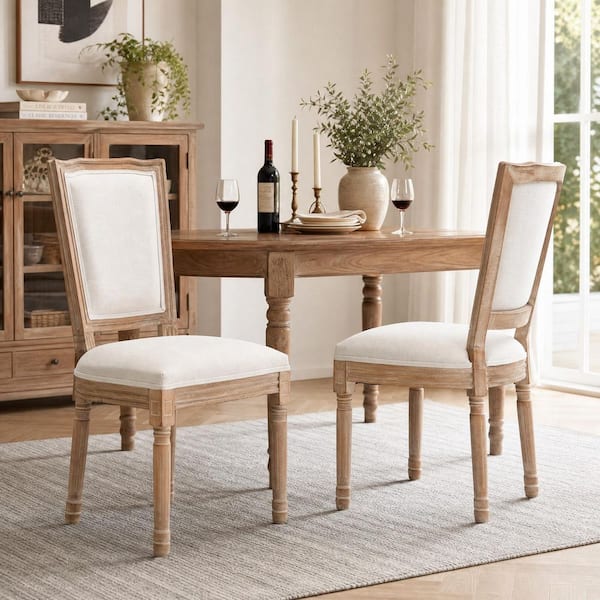 Farmhouse Beige Linen Upholstered Dining Chairs with Solid Wood Legs, (Set of 2)