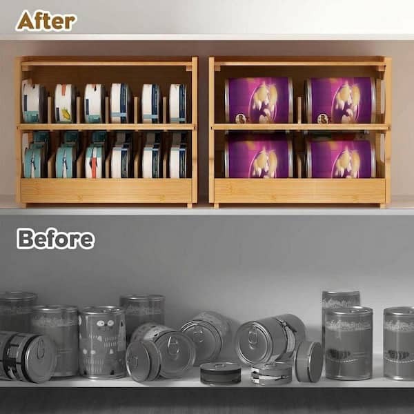 LAIFUCAM Natural Bamboo Cat Food Organizer with Stackable 2-Tier