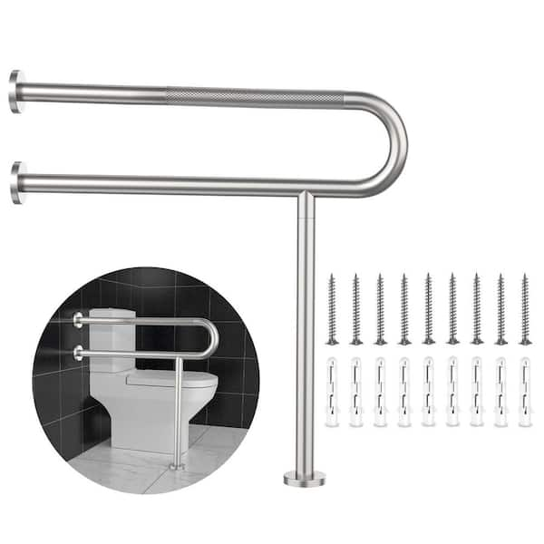 31.3 in. Toilet Grab Bar with Anti-Slip Knurled Grip and Leg, Stainless Steel Safety Support Bar for Disabled