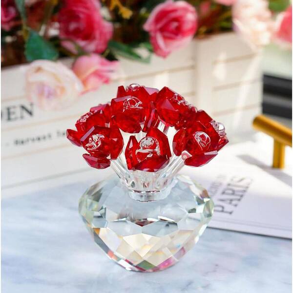 4 in. Red Crystal Rose Figurine: Glass Flower Bouquet Gift for