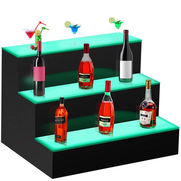 Cozyel 24 Inch 1 Step LED Lighted Liquor Bottle Display Illuminated Liquor Bottle Bar Display Stand LED Display Shelf 1 Tier Home Commercial Bar Drinks Lighting Shelves with Remote Control 