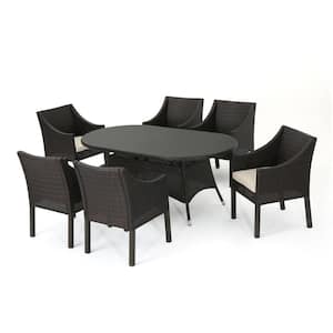 Franco 28.50 in. Multi-Brown 7-Piece Metal Oval Outdoor Dining Set with Beige Cushions