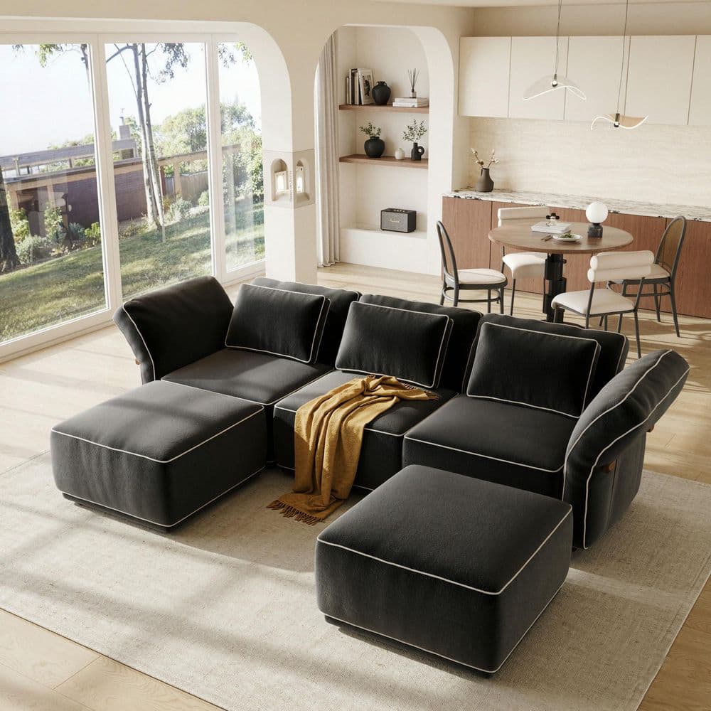 129 in. Deep Seat Pillow Top Arm Fabric Modular Lounge Sofa with Removable Covers, 2 Ottomans in Black for Living Room