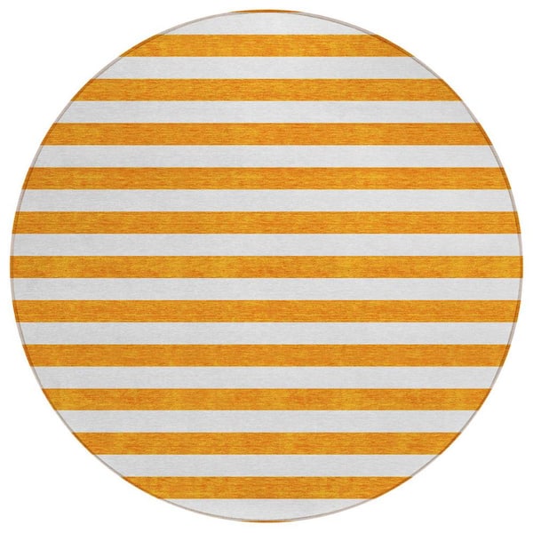 HomeRoots Orange and White 8 ft. Round Woven Striped Polyester Round Indoor/Outdoor Area Rug