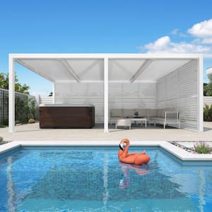 12 ft. x 20 ft. White Aluminum Louvered Pergola with 4 Individual Sunshade Roofs and 1-Long 1-Short Side Shutter Wall