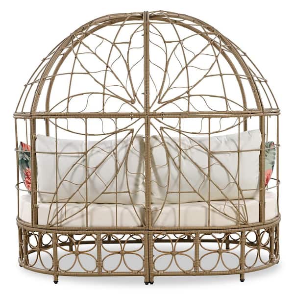 Cesicia 59.8 in. W Brown Rattan Wicker Outdoor Patio Sunbed Curtain Daybed with Colorful Pillows and Beige Cushion