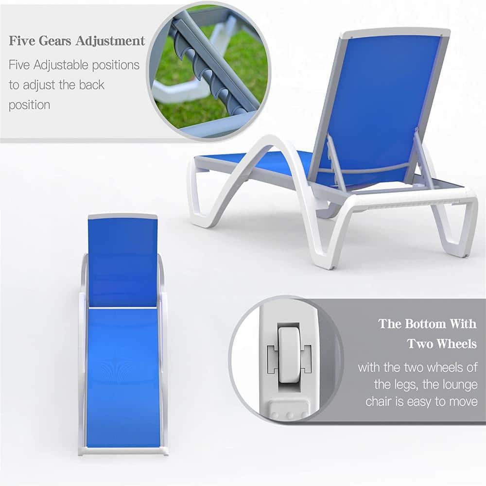 Blue Aluminum Adjustable Outdoor Chaise Lounge with Armrests