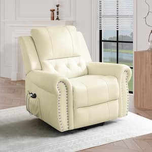 Oversized Cream Air Leather Power Lift Recliner with Massage, Remote, Footrest, Studded & Tufted Detailing, Side Pocket