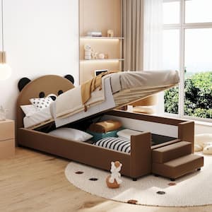 Brown Wood Twin Velvet Upholstered Platform Bed, Day Bed with Bear Ears Shape, Hydraulic System, Breathable Mesh Fence