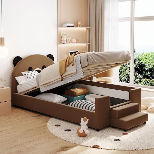 Harper & Bright Designs Brown Wood Twin Velvet Upholstered Platform Bed, Day Bed with Bear Ears Shape, Hydraulic System, Breathable Mesh Fence