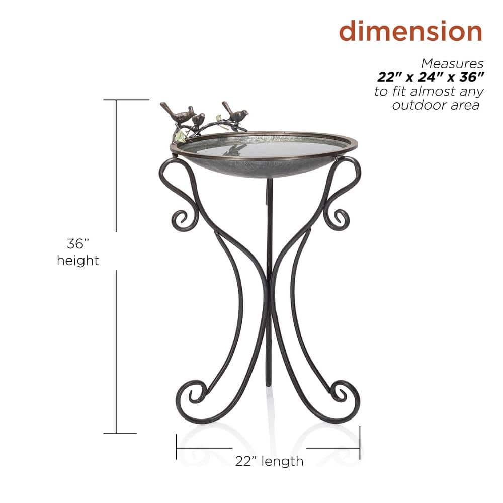 Silver Metal Birdbath with Stand and Bird Figurines