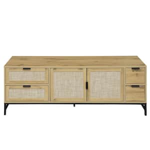59.09 in. W x 15.79 in. D x 21.69 in. H TV Stand Beige Linen Cabinet with Rattan Doors, Drawers, Adjustable Shelf