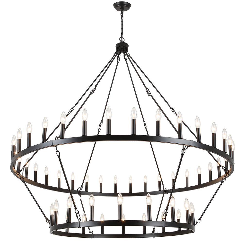 60-Inch Matte Black 2-Tier Wagon Wheel Chandelier with 54 Candle Lights