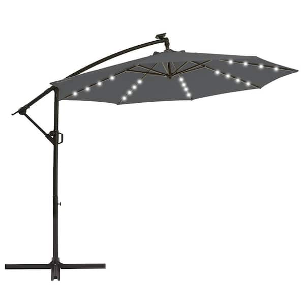 PASAMIC 10 ft. Solar LED Patio Offset Umbrella Outdoor Cantilever Umbrella Dark Grey