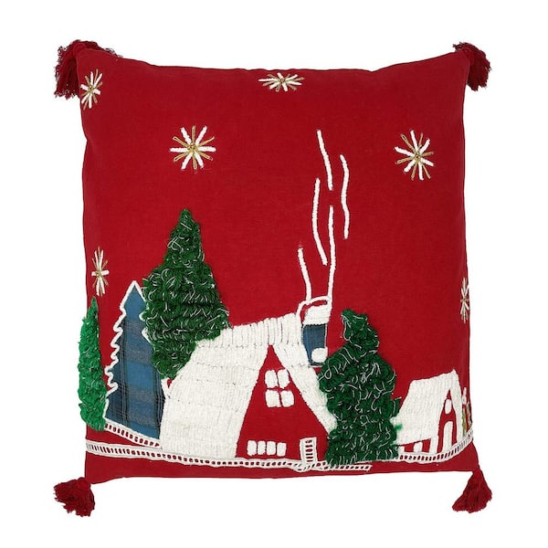 MOD LIFESTYLES 18 in. x 18 in. Christmas House Applique Pillow