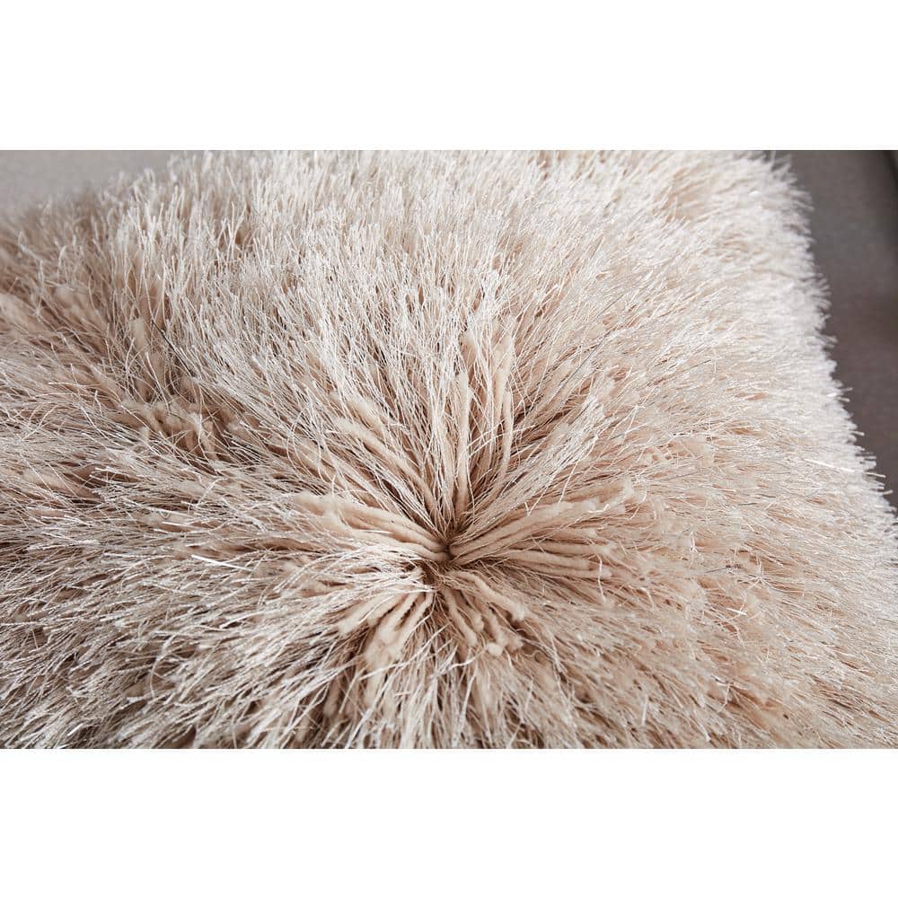 18" Beige Shaggy Hand Tufted Polyester Throw Pillow