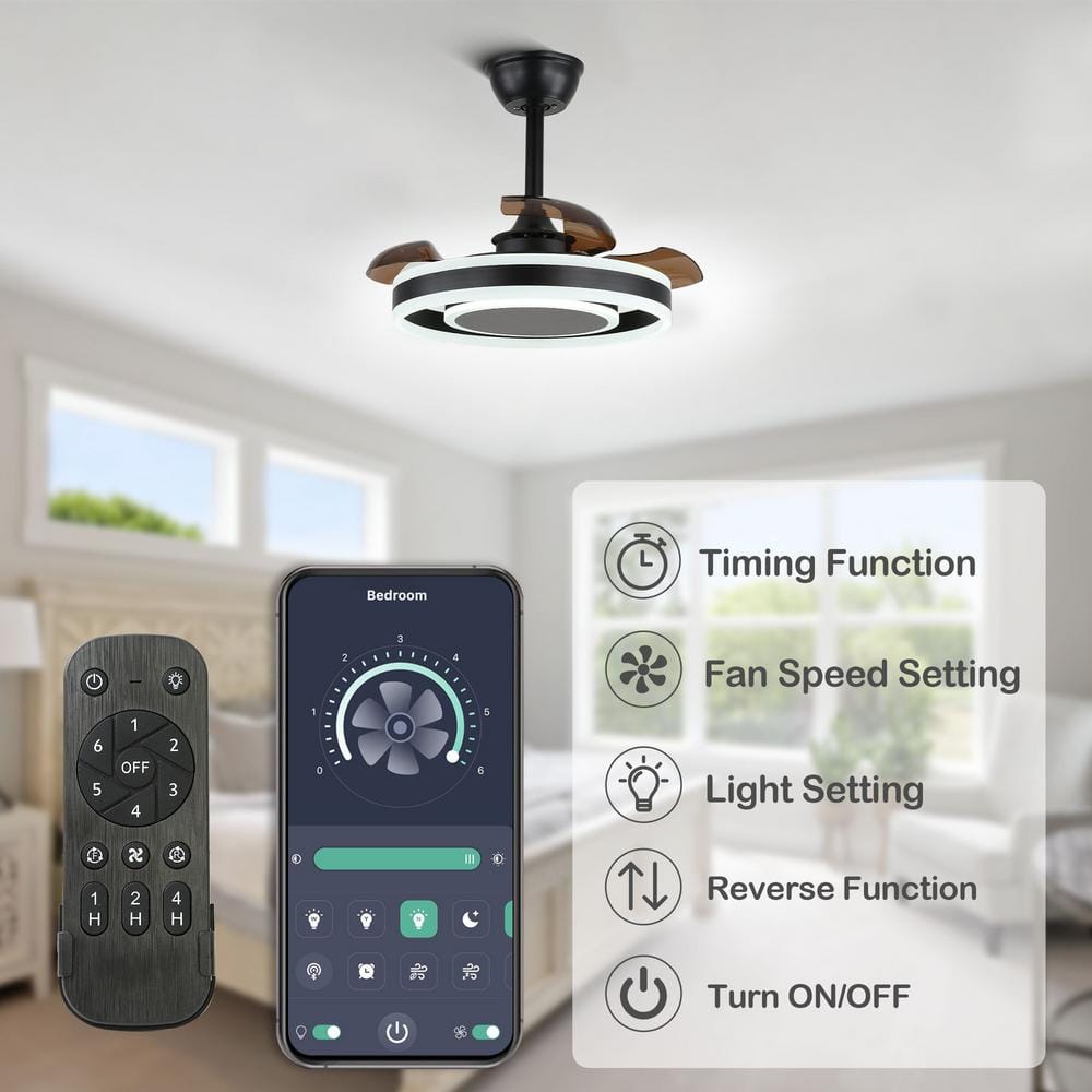 22-Inch Black Modern Ceiling Fan with Clear Blades and LED Light