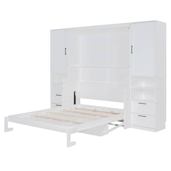 White Wood Frame Queen Size Murphy Bed with Wardrobe, Drawers and Shelves