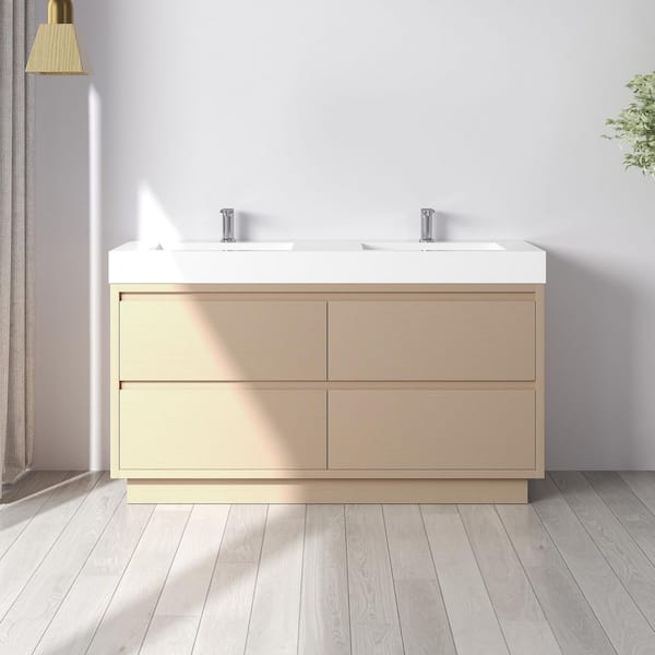 59 in. W x 19 in. D x 35 in. H Double Sink Freestanding PVC Bath Vanity in Light Brown with White Solid Surface Top