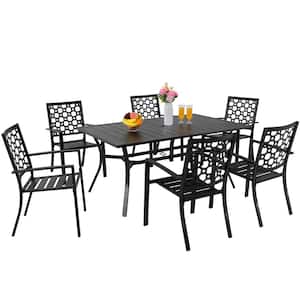 7-Piece Outdoor Dining Set w/ 6 Stackable Metal Patio Chairs & 63 in. Rectangle Dining Table with 1.57 in. Umbrella Hole